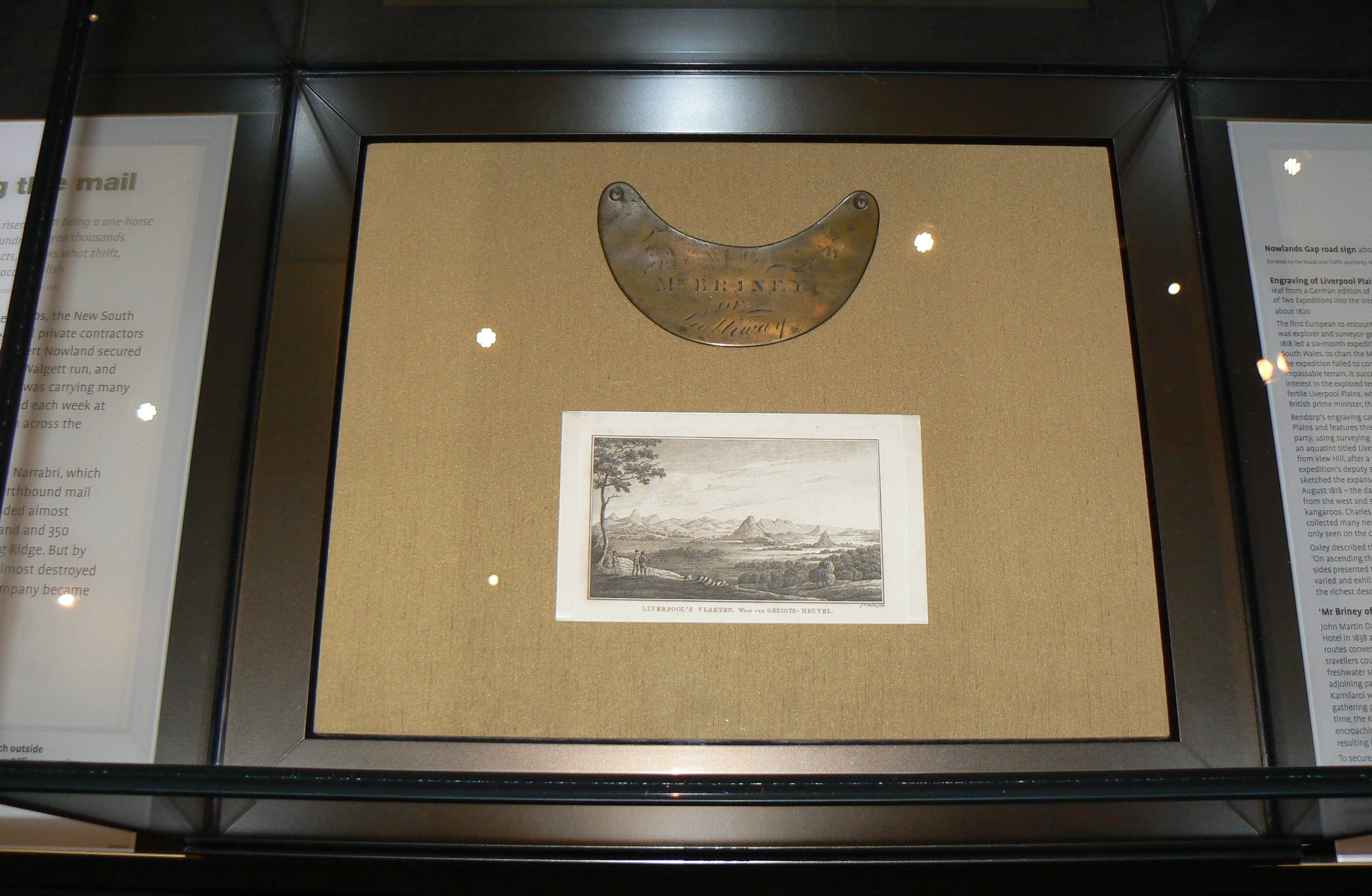 The recently installed breastplate on display alongside an early European engraving of the Liverpool Plains in the Museum’s Landmarks gallery. Photo by Karolina Kilian, National Museum of Australia