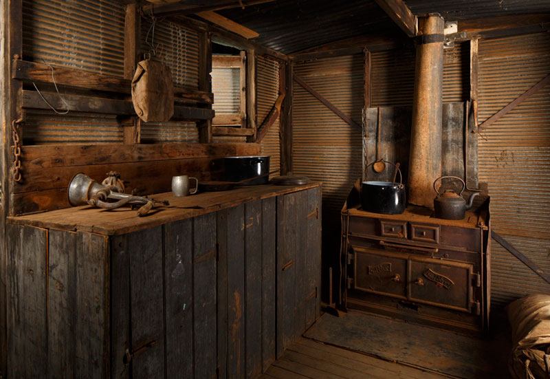 Interior of the chaff-cutting team's cook's gallery, with the wooden stove at the end. Photo by Jason McCarthy, National Museum of Australia.
