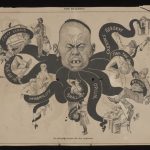 A black and white newspaper cartoon. The image shows the head of a person depicted as an octopus with eight tentacles. Each tentacle is holding a person or object with text written on each tentacle. The date in the right corner is, 'AUGUST 21,1886', it is cut from 'THE BULLETIN', newspaper. The heading of the cartoon is, 'The Mongolian Octopus.- His Grip on Australia.'.
