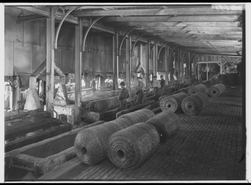 Rolls of wire netting being galvanised in the Lysaght Bros Wire Works, Sydney. John Lysaght’s England-based firm set up in Victoria in the 1880s, expanding to other colonies and later moving from importing to manufacturing wire products. In 1902 Lysaght Bros received tender for supply of 483 miles (704 kilometres) of rabbit netting to be used in construction of Western Australia’s rabbit proof fence No.1. State Library New South Wales, d1_15745