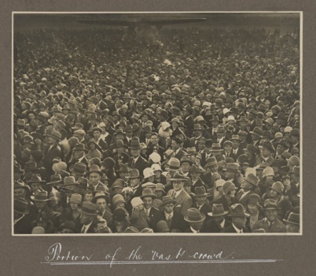 ‘Portion of the vast crowd’: this image from Mary Ulm’s album shows a sea of felt-hatted spectators, 1927-28. Austin Byrne ‘Southern Cross’ Memorial collection. National Museum of Australia. Reprography by Jason McCarthy. 
