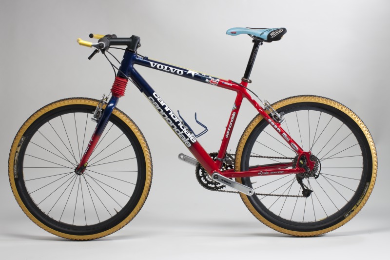 A red and blue mountain bike
