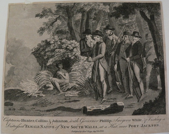 An engraving of a group of five men in naval uniform looking a woman seated near some bushes.