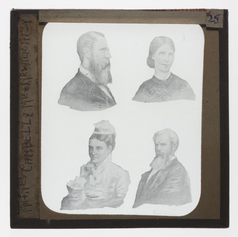 Glass lantern slide of ‘Mr. & Mrs. Campbell, Mrs. Keightly, Mr. Keightly’, a painting by Patrick William Marony, National Museum of Australia.  Dated 1894, the original oil on canvas painting is held by the National Library of Australia. Reprography by Lannon Harley, National Museum of Australia.