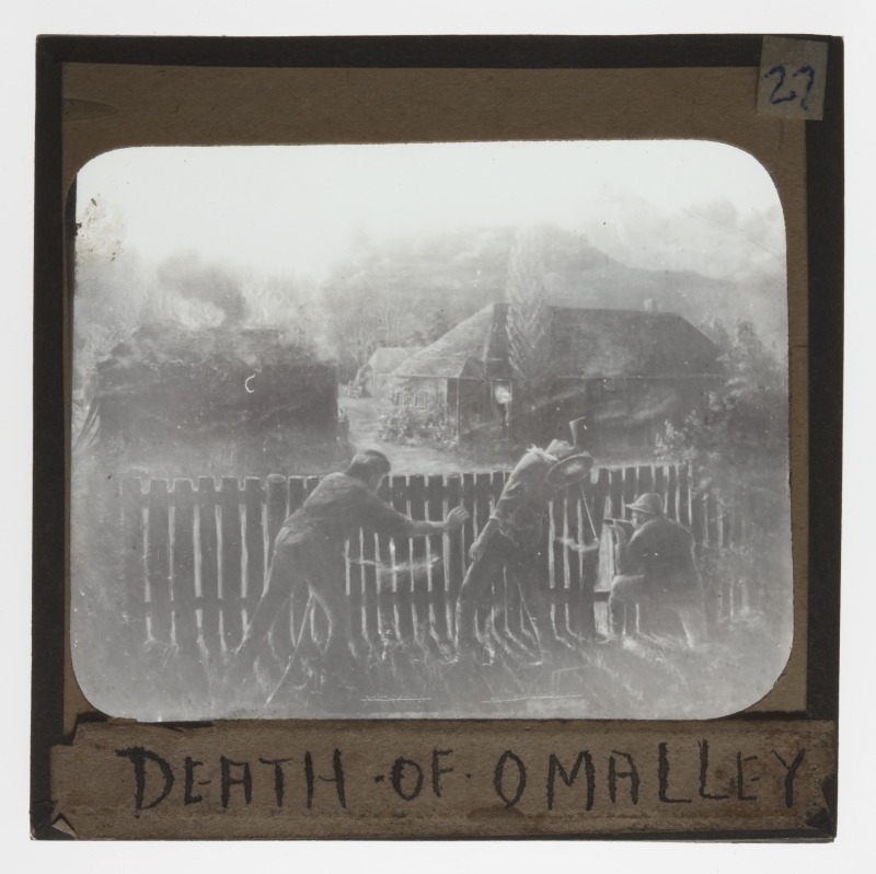 Glass lantern slide of ‘Bushrangers attacking Goimbla Station’, a painting by Patrick William Marony, National Museum of Australia.  The original painting, dated 1894 and held by the National Library of Australia, was donated to the Library by a descendent of David Campbell to mark the 150th anniversary of the Goimbla attack. Reprography by National Museum of Australia.