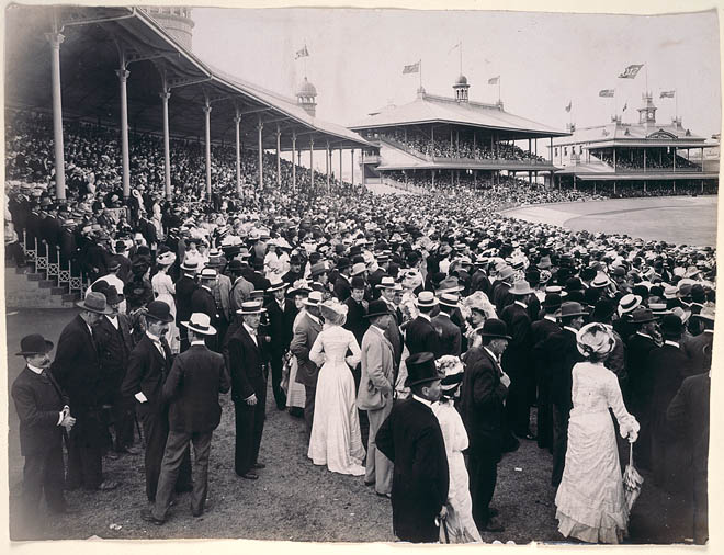 The concrete velodrome where many cycling races were held is clearly visible in this image  the Sydney Cricket Ground, taken in 1901.  Source: Collections of the Mitchell Library, State Library of New South Wales