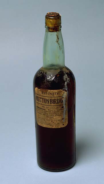 Bottle of mutton bird oil. National Museum of Australia