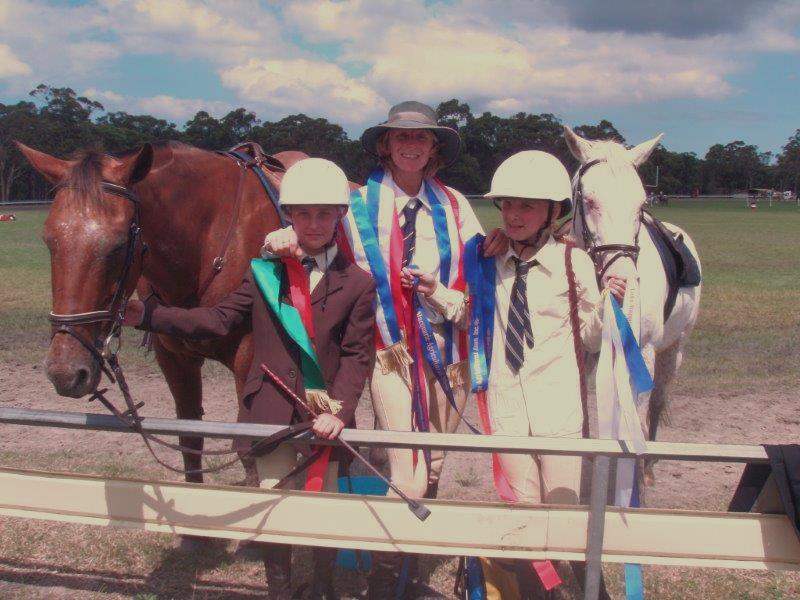 My two daughters and I, with their horses:  Grace with old “Huckleberry” (left) and Olive with “Apollo”, after a successful outing at the Morisset  Show. Image courtesy Margrete Erling.