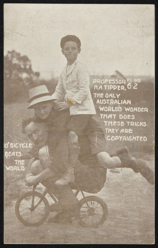 Postcard of Professor Tipper and his 10-inch bicycle, 1919. National Museum of Australia