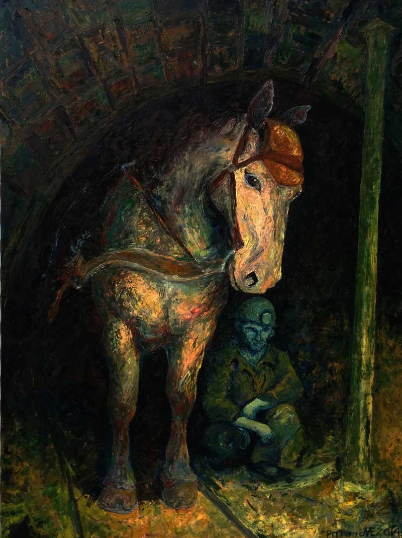 Horse and man in underground mine, lit by a lamp. 