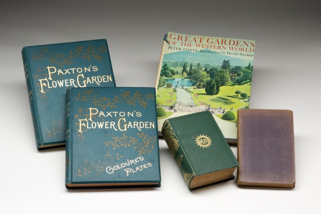 A selection of garden books from the Springfield Collection.  The English Gardener is the very plain brown covered book.  The thicker green gilt book is Beeton’s Book of Garden Management. Photo by Sam Birch.