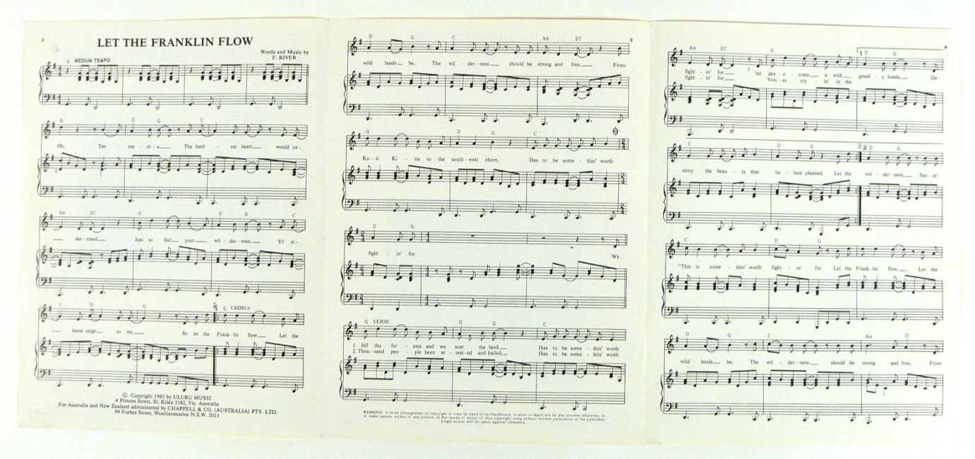 Sheet music for Let the Franklin Flow, in the Bob Brown Collection, National Museum of Australia.