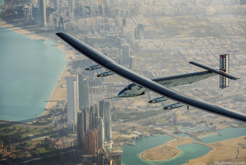 Solar powered aircraft flying over Abu Dhabi.
