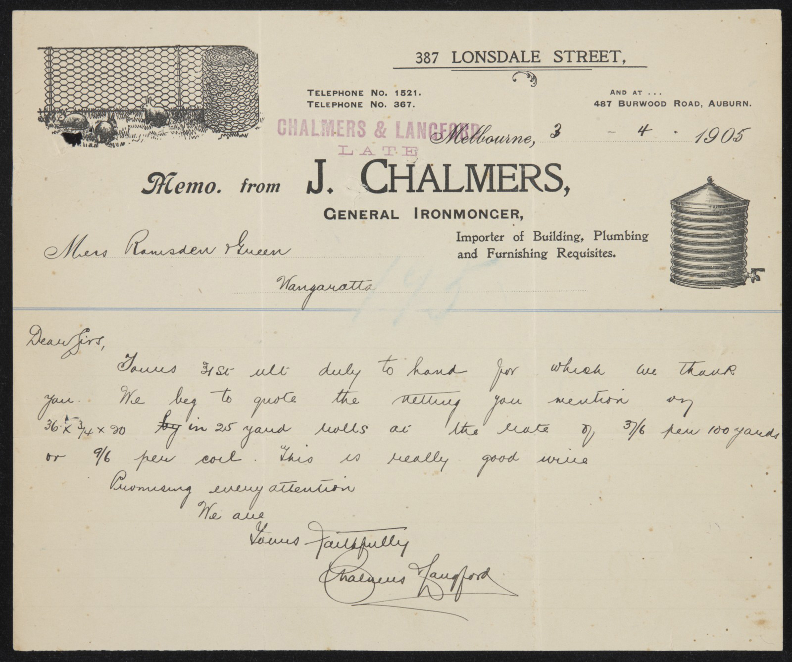 Providers of wire netting enthusiastically responded to demand from landholders seeking to keep their properties rabbit-free. As this memo from April 1905 in the Museum’s collection shows, Chalmers & Langford ironmonger in Melbourne, Victoria incorporated reassuring imagery of rabbits beside a netting fence on their company stationery. The text reads: ‘Msrs Ramsden & Green/Wangaratta [northern Victoria]/Dear Sirs,/[…] all duly to hand for which we thank/you. We beg to quote the netting you mention […] 36 x ¾ x 20 in 25 yard rolls at the rate of 37/6 per 100 yards or 9/6 per coil. This is really good wire./Promising every attention/We are/Yours faithfully/Chalmers Langford’. Reprography by Sam Birch, National Museum of Australia. 